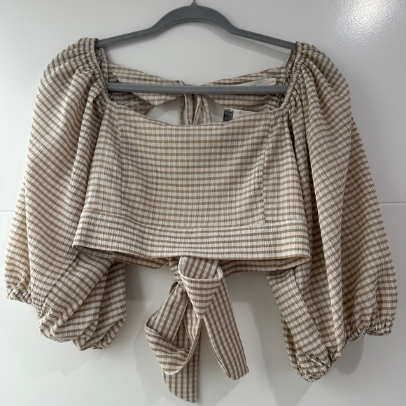 Lush Tan & White Gingham Puff Sleeve Crop Top | NWT Size M - Picture 7 of 12